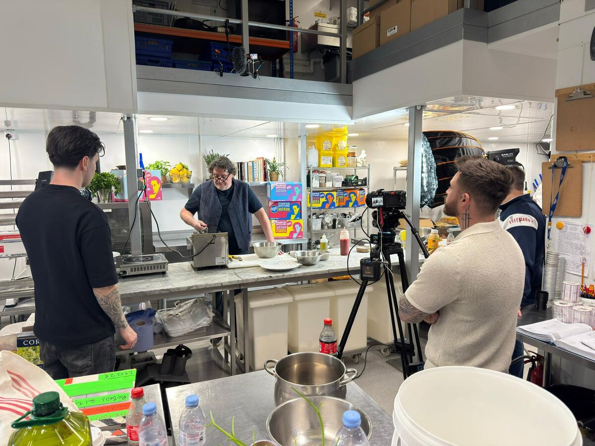 Behind the scenes — Marco Pierre White cooking with crew filming the Food Heroes shoot